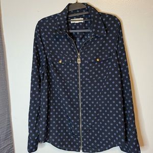 Michael Kors Black, navy blue printed zipper front shirt blouse.